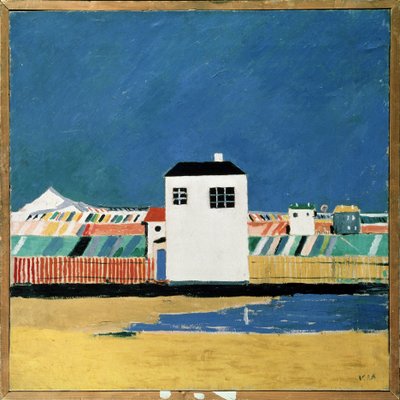 ホワイトハウスのある風景。 Kasimir Severinovich Malevitch (Malevich, Malevic) (1878-1935) による絵画、キャンバスに油彩、1930 年頃。 ロシア美術、20 世紀、アヴァンギャルド、シュプレマティズム、構成主義。 国立ロシア美術館、 作： Kazimir Severinovich Malevich