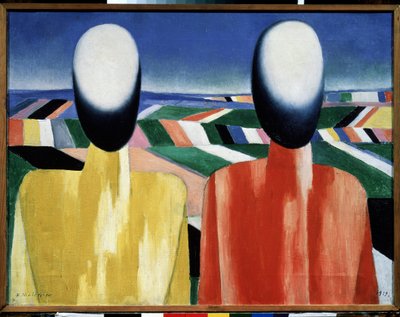 農民（農民）。 耕作地の風景の前にある 2 つの顔のない頭。 Kasimir Severinovich Malevich (Malevich, Malevic) (1878-1935) による絵画、キャンバスに油彩、1930 年頃。 ロシア美術、前衛、20 世紀、シュプレマティズム。 ロシアのミューズ 作： Kazimir Severinovich Malevich
