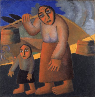 バケツと子供を持つ農民の女性c。 1912 作： Kazimir Severinovich Malevich