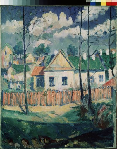 春。 小さな家のある風景。 （春。小さな家のある風景）。 Kasimir Severinovich Malevich（Malevich、Malevich）（1878-1935）による絵画、キャンバスに油彩 作： Kazimir Severinovich Malevich