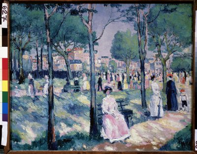 大通りで（大通りで）。 夏の風景、街を背景にした公園で、多くの家族が歩いています。 Kasimir Severinovich Malevich（Malevich、Malevich）（1878-1935）による絵画、キャンバスに油彩 作： Kazimir Severinovich Malevich