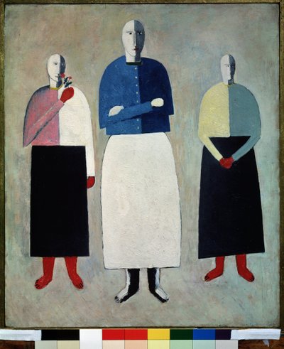 3 人の女性 (3 人の女の子)。 3 人は頭が禿げており、ストレート スカートとボタン付きベストを着ています。 Kasimir Severinovich Malevitch (Malevich, Malevic) (1878-1935) による絵画、木に油彩 作： Kazimir Severinovich Malevich