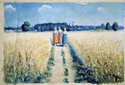 Trois femmes sur la route (道の三人の女)。 伝統的な衣装を着た裸足の農民の女性が、耕作地の間を歩き、真夏の農作物の収穫期に. Kasimir Severinovich Malevich（Malevich、Malevich）（1878-1）による絵画 作： Kazimir Severinovich Malevich