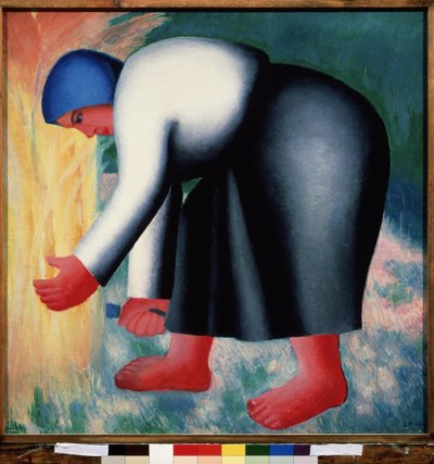 死神。 曲がって裸足で穀物を収穫している農民の女性の肖像画。 Kasimir Severinovich Malevitch (Malevich, Malevic) (1878-1935) による絵画、木に油彩 作： Kazimir Severinovich Malevich