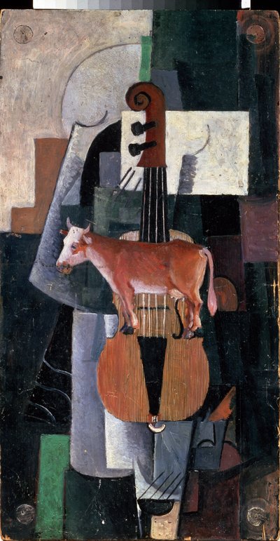牛とヴァイオリン（牛とヴァイオリン）。 Kasimir Severinovich Malevitch (Malevich, Malevic) (1878-1935) による絵画、木に油彩 作： Kazimir Severinovich Malevich