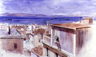 ジブラルタルとその向こうに広がるスペインの海岸（水彩画） 作： Keeley Halswelle