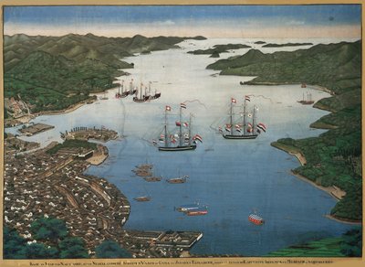 バスコ・ダ・ガマ号とヨハンナ号のある長崎湾の出島、1825年頃。 作： Keiga Kawahara