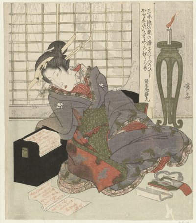 三味線の箱に寄りかかる芸者 作： Keisai Eisen
