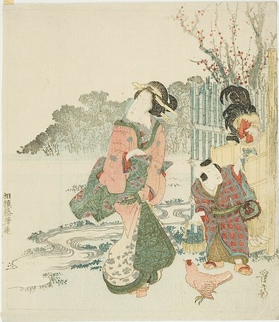 雄鶏に餌を与える 作： Keisai Eisen