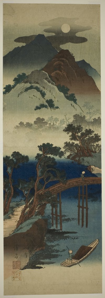 山の風景に浮かぶ満月 作： Keisai Eisen