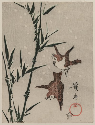 雀と竹と降る雪 作： Keisai Eisen