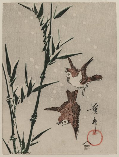 すずめ、竹と雪が降る、c。 1820年代後半。 作： Keisai Eisen