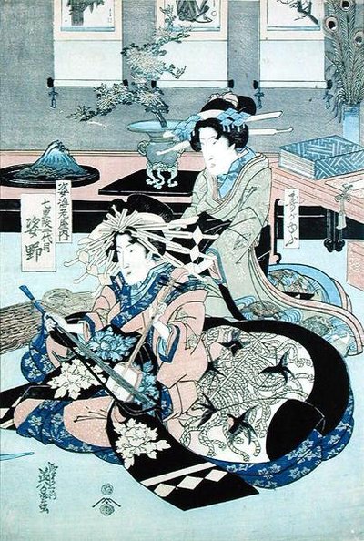 三味線を弾く二人の女性（木版画） 作： Keisai Yeisen