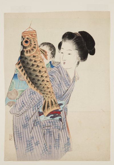 鯉ののぼり」（カラー木版画 作： Keishu Takeuchi