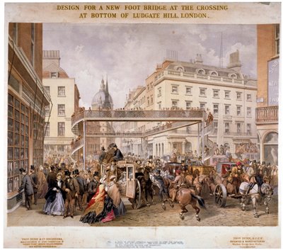 1862年、ロンドン市のルドゲート・ヒルとフリート・ストリートの交差点にある新しい歩道橋のデザイン。      作： Kell Brothers