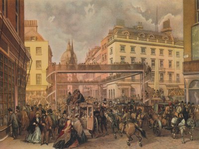 1862年ロンドン市、ラッドゲートヒルとフリートストリートの交差点にある新しい歩道橋の設計。 作： Kell Brothers