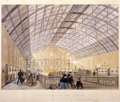 列車と鉄製の屋根が見えるチャリング・クロス駅の内部、ロンドン、1890年頃 作： Kell Brothers