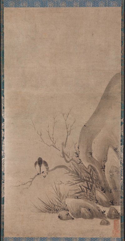 小川の上にとまるカワセミ、1400 年代後半。 作： Kenkō Shōkei