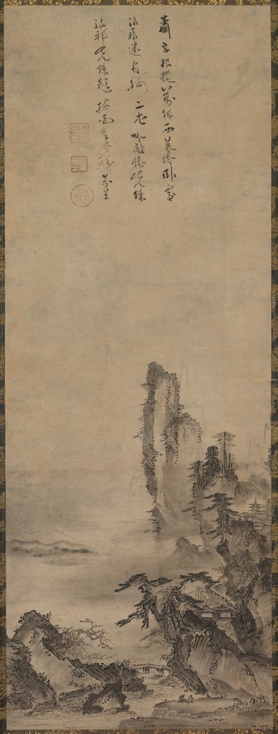 孤独な寺院とそびえ立つ崖、c。 1480年。 作： Kenkō Shōkei