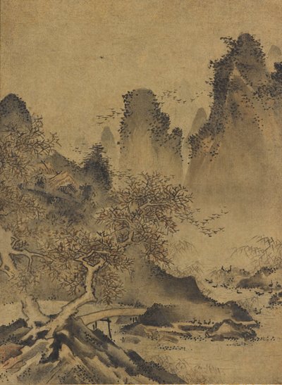 風景：山、小川、橋 15世紀後半～16世紀初頭 作： Kenkō Shōkei