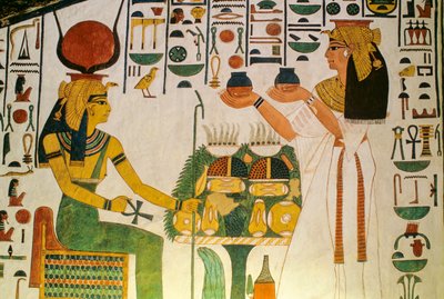 ネフェルタリの墓; ネフェルタリが神々の一団にワインを捧げる; エジプト、ネフェルタリの谷... 作： Kenneth Garrett