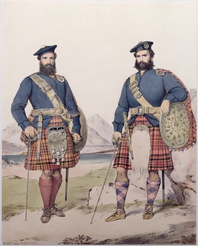 ヴィンセントブルックスによって刻まれた、ハイランドのドレスを着た2人の男性、1868年 作： Kenneth Macleay