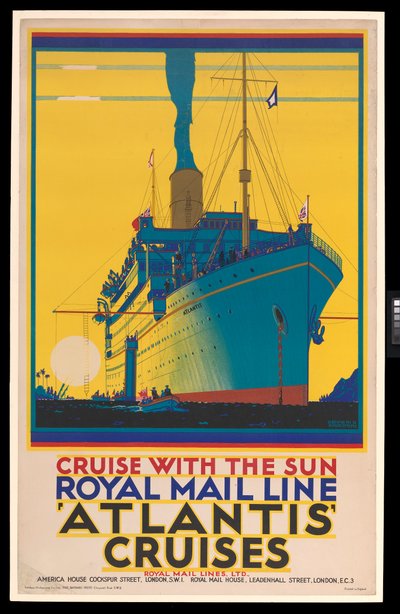 客船のポスター：ロイヤル・メール・ライン、アトランティック・クルーズ、「クルーズ・ウィズ・ザ・サン」。 作： Kenneth Shoesmith