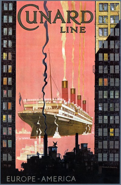 キュナードラインヨーロッパ-アメリカのポスター、アメリカ、c。 1900 作： Kenneth Shoesmith
