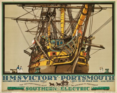 HMSビクトリー号、ポーツマス、南部電気鉄道を宣伝するポスター（カラーリトグラフ） 作： Kenneth Shoesmith