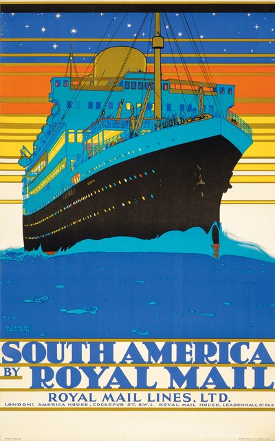 Royal Mail Lines（カラーリトグラフ）による南アメリカの広告ポスター 作： Kenneth Shoesmith