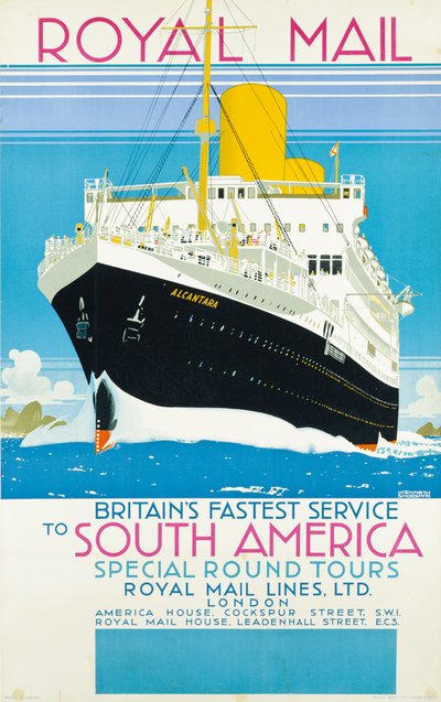 南米へのロイヤルメールサービスを宣伝するポスター、1930年頃（カラーリトグラフ） 作： Kenneth Shoesmith