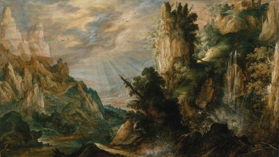 滝のある山岳風景、ca。 1600。 作： Kerstiaen de Keuninck
