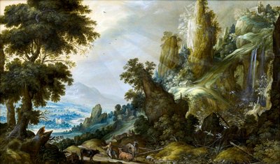 Keuninck、Kerstiaen、デ（ca.1560-1633）による滝のある山の風景 作： Kerstiaen de Keuninck