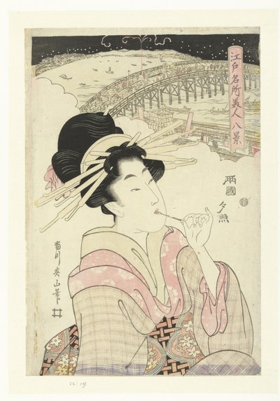 両国の夕焼け 両国の関所 名所江戸八景（連載タイトル） 江戸名所美人八景 作： Kikugawa Eizan