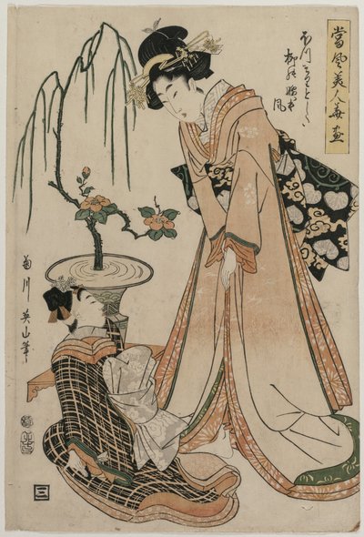 『花と現代の美女』シリーズ 柳のように細い腰の女官 作： Kikukawa Eizan