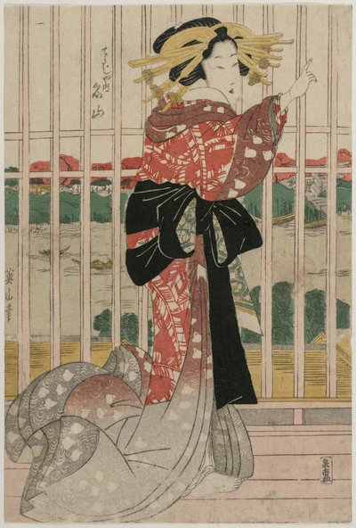 隅田川を見下ろすバルコニーにある長治屋の遊女名山 作： Kikukawa Eizan