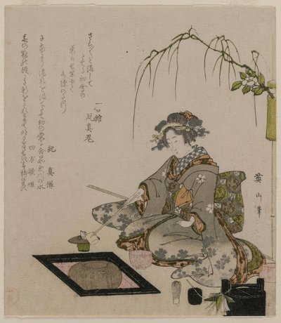 茶道を行う女性、1820年頃。 作： Kikukawa Eizan
