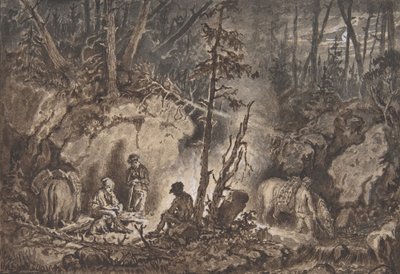 夜の森で休む猟師たち（1830～60年 作： Kilian Christoffer Zoll