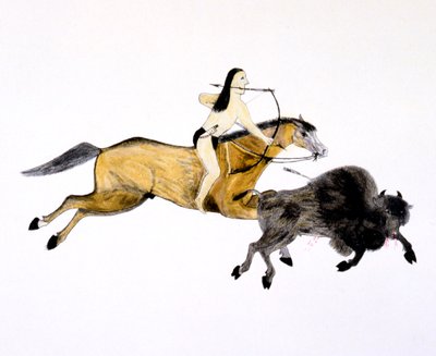 マウントされたグランドプレーンズインディアン狩猟バッファロー、弓と矢、c1890-c1927。 作： Kills Two