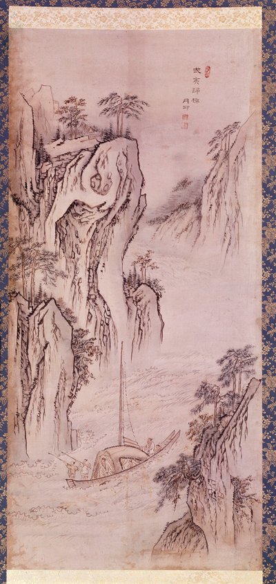 Art coreen: Mu-i の帰還。 ボートと険しい崖のあるコーリーンの風景。 Kim Hong do または Danwon (1745-ca. 1806) による版画。 1760. 亨弼春コレクション。 作： Kim Hong Do