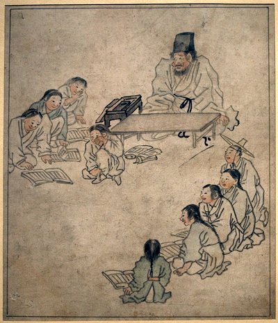 学校のクラス。 丹元（キム・ホンド）（1745-1806）の絵画、紙にインク、朝鮮時代の芸術、朝鮮時代（朝鮮）18世紀。 韓国国立中央博物館、ソウル (韓国)。 作： Kim Hong Do