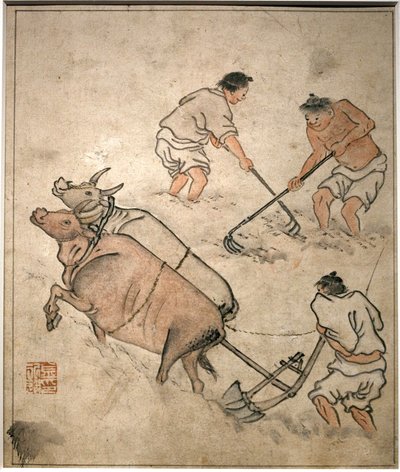 農作業風景。 丹元（キム・ホンド）（1745-1806）の絵画、紙にインク、朝鮮時代の芸術、朝鮮時代（朝鮮）18世紀。 韓国国立中央博物館、ソウル (韓国)。 作： Kim Hong Do