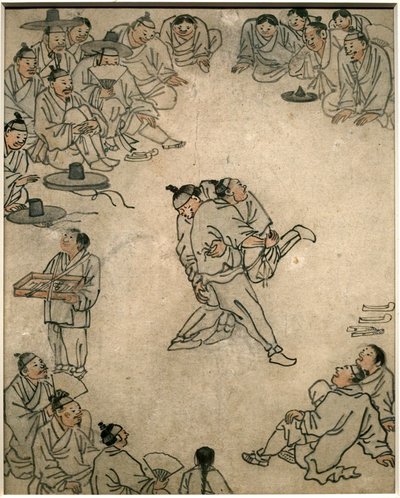 伝統的なレスリングのシーン、観客と菓子売り。 丹元（キム・ホンド）（1745-1806）による絵画、紙にインク、コリーンの芸術、朝鮮時代（朝鮮）18世紀。 韓国国立中央博物館、ソウル (韓国)。 作： Kim Hong Do