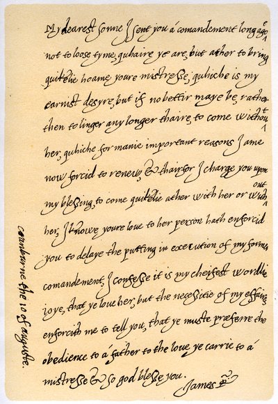 ジェームズ1世から息子のチャールズ皇太子への手紙、1623年8月10日。 作： King James I