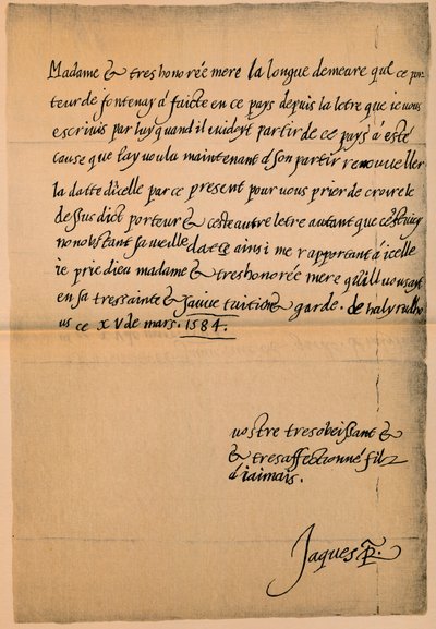 ジェームズ6世王1566-1625から彼の母、メアリー女王1542-1587、1584-5への手紙 作： King James I