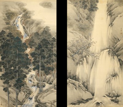 春と秋の滝2つの掛け軸のセット、1893 作： Kishi Chikudo