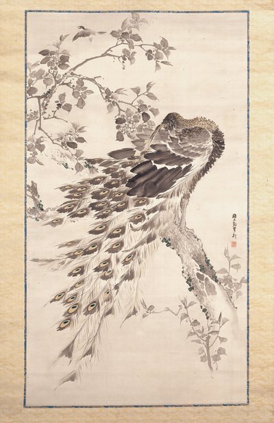 チェリーアップルツリーの孔雀（シルクにインクと色） 作： Kishi Ganku
