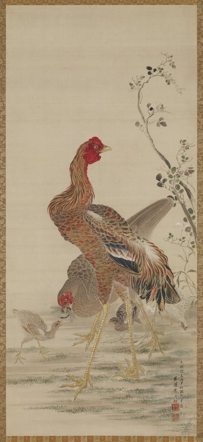 おんどり・鶏・ひよこ・江戸時代（絹に墨と色） 作： Kishi Ganku
