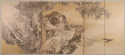 吼える虎を描いた六曲一双の屏風 1749年～1838年 作： Kishi Ganku