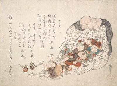 布袋が小僧の入った袋を開けている様子 19世紀前半頃 作： Kita Busei